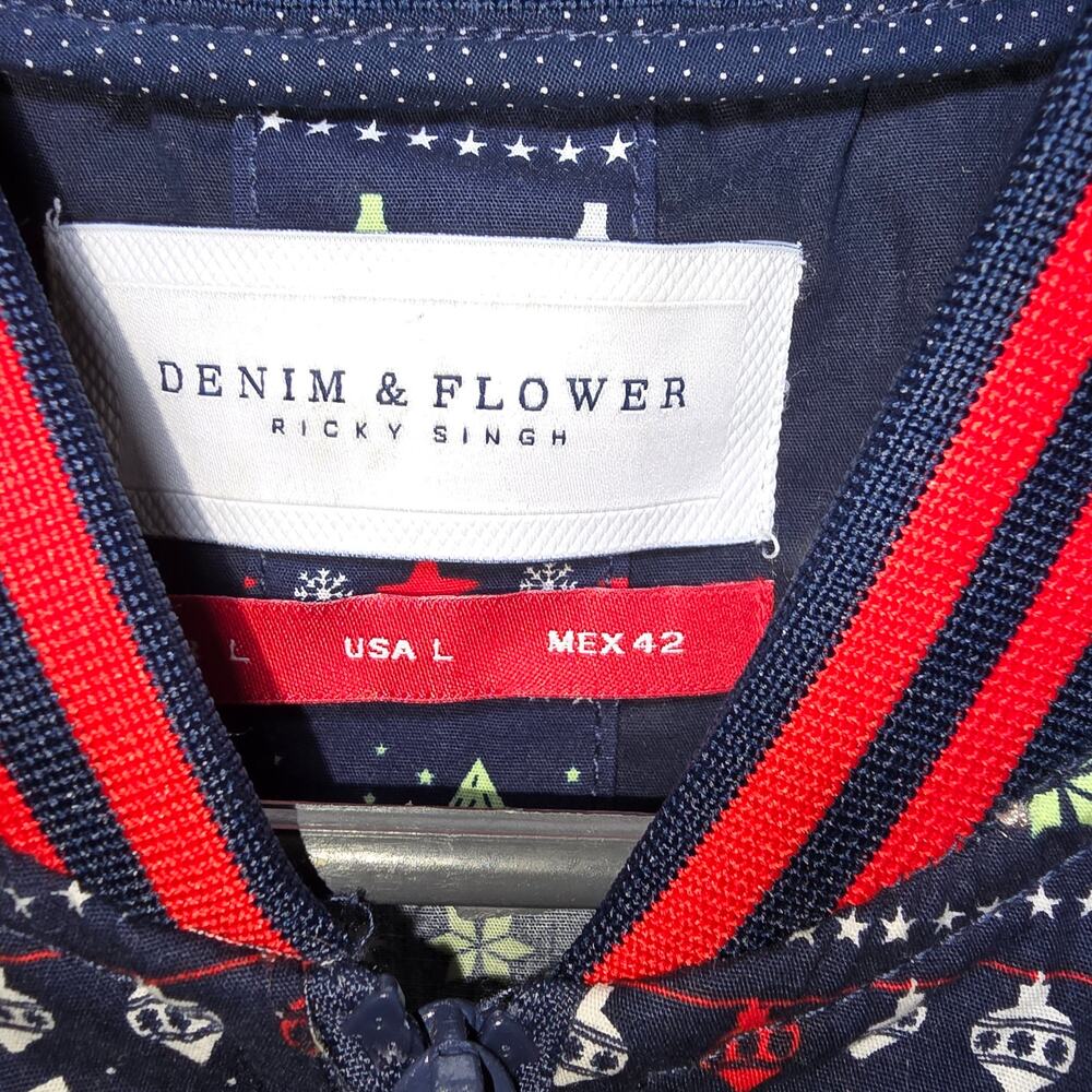 Denim & Flower Ricky Singh Mens Size L Bomber Jacket Zip Front Christmas EUC - Picture 4 of 7